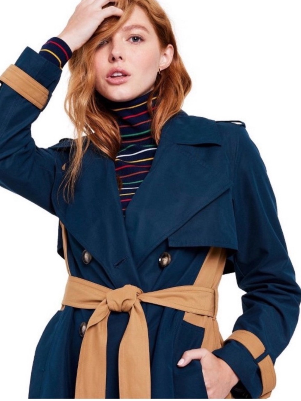 LA LIGNE X TARGET Side Stripe Navy and Tan Trench Coat - Classic Belted Coat XL - Picture 4 of 12